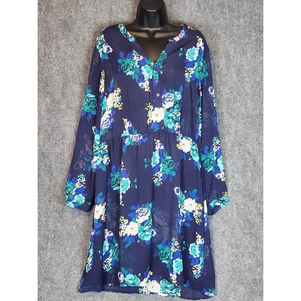 Old Navy Floral Print Dress XL Long Sleeve Blue Green White Button Front Hippie